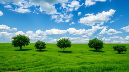 Obraz premium Green field with scattered trees and fluffy clouds under a bright blue sky.