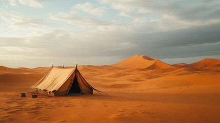 A beige tent is pitched on vast desert landscape under a bright blue sky with scattered clouds. The peaceful scene highlights the untouched beauty of rolling sand dunes and open nature. Generative AI