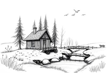 Naklejka premium Hand Drawn Colorful Sketch of a Peaceful Countryside with Cottage & River Classic Storybook Art