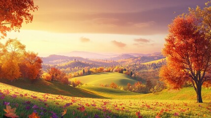 A vibrant autumn landscape at sunset with rolling hills, colorful trees, and a golden sky. The scene captures the beauty of nature during fall, with warm tones and a peaceful atmosphere. Generative AI