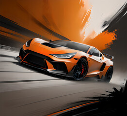 Naklejka premium Orange sports car driving on highway. Car in fast motion. Fast moving supercar on street. illustration.night track with colorful lights and trails.generative ai