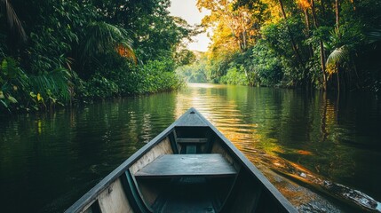A wooden canoe glides through a calm river surrounded by dense rainforest under a golden sunset. The scene captures the serenity of tropical nature and the beauty of quiet exploration. Generative AI