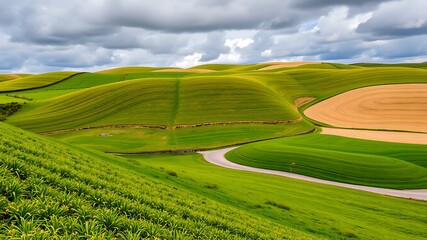 Fototapeta premium Rolling green hills and agricultural fields under cloudy skies, with a winding road.