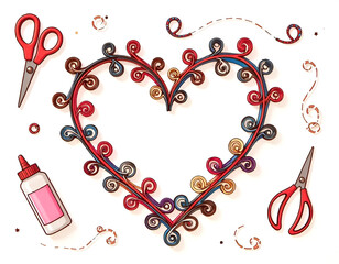 A cute and artistic doodle of paper quilling strips, scissors, glue bottles, and swirly paper curls, drawn in a fun sketchy style