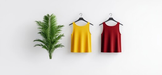 Three crop tops for women in burgundy, yellow, and teal, arranged on hangers, suitable for fashion websites, online clothing stores, or casual wear lookbooks. Transparent PNG