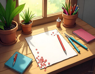 A cute and artistic doodle of paper quilling strips, scissors, glue bottles, and swirly paper curls, drawn in a fun sketchy style