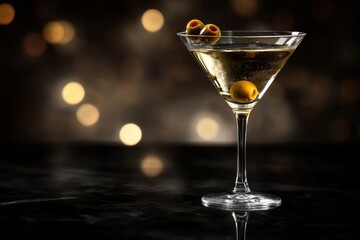 Elegant cocktail experience classic martini glass with olives bar setting drink photography nighttime atmosphere close-up view celebrating cocktails and mixology