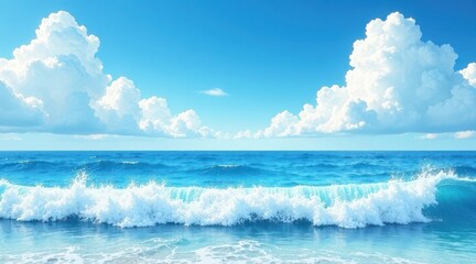 Obraz premium Serene ocean waves gently break on a pristine shoreline under a brilliant summer sky, fluffy white clouds drift lazily overhead, creating a picturesque coastal scene of tranquil beauty.