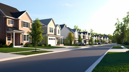 Obraz premium Modern suburban street lined with houses and trees on a sunny day. Generative AI