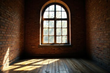 Sunlight streams through an arched window in a rustic brick room, illuminating hardwood floors