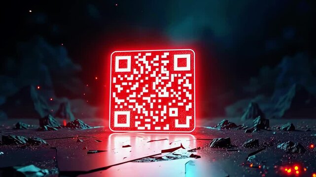 A glowing red QR code stands out against a dark, rocky landscape with a cosmic background