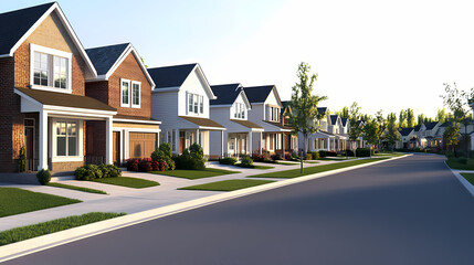Quiet suburban street lined with modern houses during golden hour. Generative AI