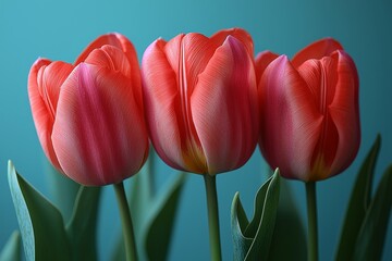 With a minimalistic background, pink tulips in blue and pink colors are presented from a top perspective. There is sufficient space for copying
