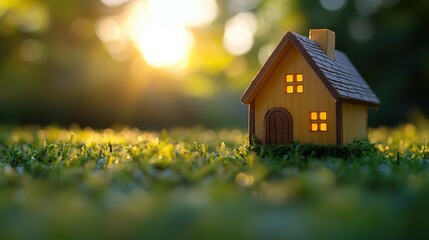 Naklejka premium Miniature wooden farmhouse on green lawn with vibrant sunlight in the background