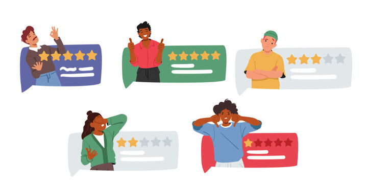 Diverse people cartoon characters participating in customer feedback rating system isolated set