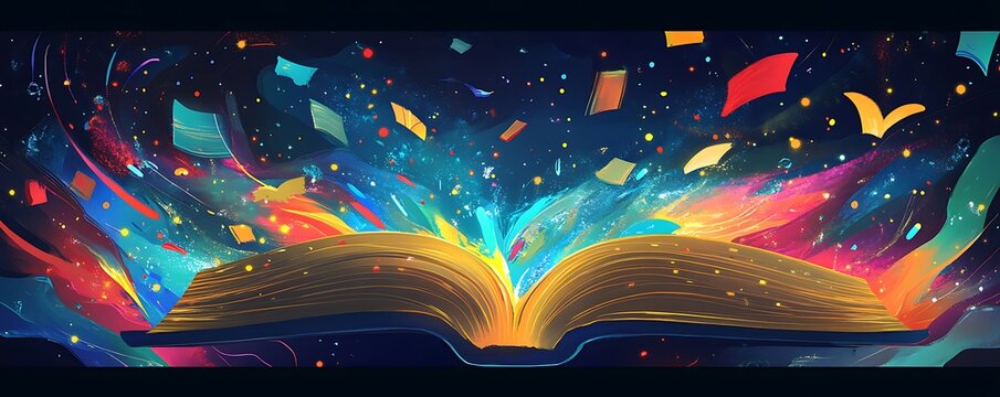 An enchanting illustration of an open book with vivid, colorful pages bursting with creativity. Whimsical elements flow from the book, symbolizing imagination and storytelling.