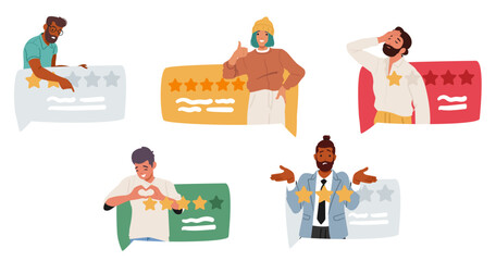 Diverse people customer cartoon character leaving comments and giving different feedback to service
