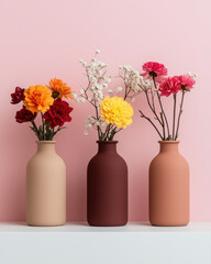 Colorful Flowers in Matte Ceramic Vases on Pink Background