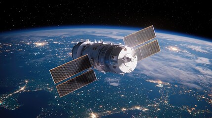 Spacecraft orbiting Earth at night, city lights visible