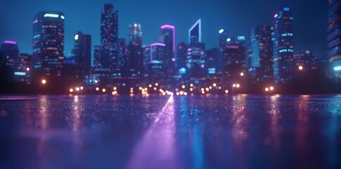 Fototapeta premium The night scene of a sci-fi downtown in a futuristic cyberpunk city is revealed in a 3D rendering, featuring blue and pink light trails, skyscrapers, highways, and billboards