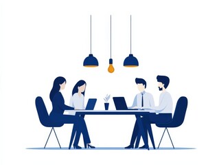 business team working on laptops around table