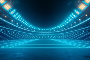 Abstract blue neon-lit stadium illuminated with ground lamps, creating a sci-fi sports and product display background.