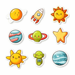 Colorful stickers featuring cute space elements and celestial bodies. Generative AI