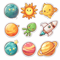 Cute stickers depict planets, a sun, an octopus, and a rocket in a playful arrangement