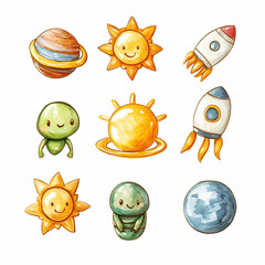 Colorful illustration of planets, sun, and rockets in a playful design. Generative AI