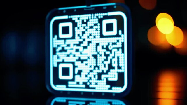 Illuminated QR code on a reflective surface with blurred colorful lights in the background
