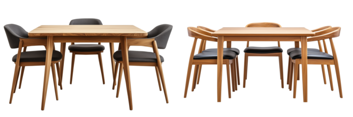 Set of Quail eggs in a wooden bowl, isolated on white background - Set of a Modern solid wood dining table with four chairs, isolated on white background.