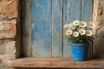 A picturesque rural still life of wild summer daisies in a weathered, rusty bucket set against a time-aged wooden backdrop