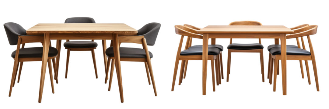 Set of Quail eggs in a wooden bowl, isolated on white background - Set of a Modern solid wood dining table with four chairs, isolated on white background.
