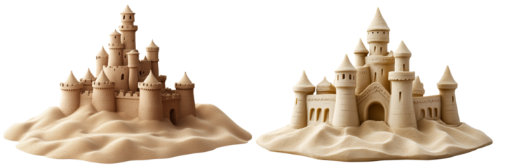 Set of Quail eggs in a wooden bowl, isolated on white background - Set of a Sculpture of a sand castle, isolated on white background.