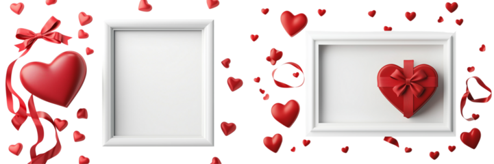 Set of Quail eggs in a wooden bowl, isolated on white background - Set of a Top view of a white, blank photo frame with red hearts and a gift box, isolated on white background.