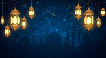 Fototapeta premium Serene Nighttime Scene with Hanging Lanterns and Mosque Silhouette. ramzan, chand raat , eid background .
