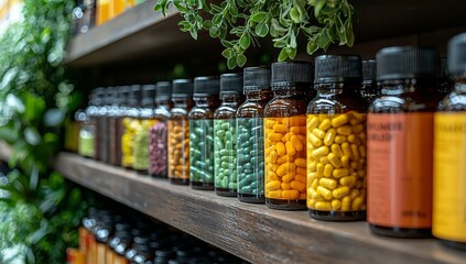 Grocery store health supplement aisle with a touchscreen for ordering supplements placed on the shelf. The product list includes images presented in a clean, modern, and elegant style