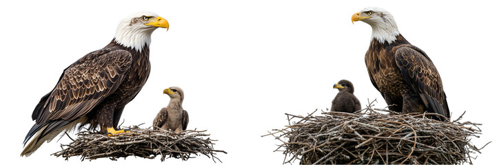 Obraz premium Set of Quail eggs in a wooden bowl, isolated on white background - Set of a Eagle with baby bird in nest, isolated on white background.