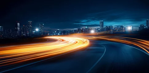 Dynamic flash effects of racing cars with long exposure night lights on a city road, creating blurred fast-moving light streaks in the background