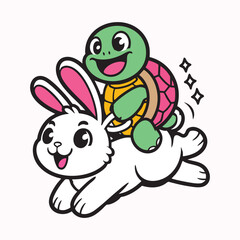Cheerful Turtle Riding a Happy Rabbit vector