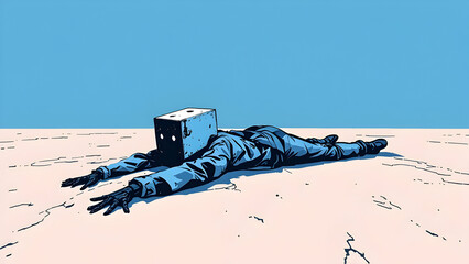 Image of a person wearing a box on his head in an empty atmosphere and using unique color lines.