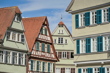 Obraz premium Altbauten am Marktplatz, Kirchgasse, Altstadt, Tübingen, Baden-Württemberg, Deutschland