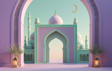 A minimalist 3D-rendered Islamic setting with a pastel lavender and mint green background. A simple, geometric mosque archway with intricate yet subtle carvings stands in the center