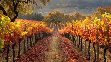Naklejka premium Vineyard with rows of grapevines in autumn colors, featuring vibrant yellow, orange, red leaves. Hills in the background under partly cloudy sky. Autumn harvest wine production theme. Generative AI
