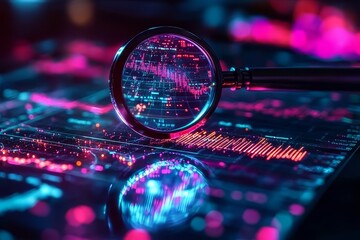 High-tech analysis of digital data through a magnifying glass at a modern workspace exhibiting vibrant colors