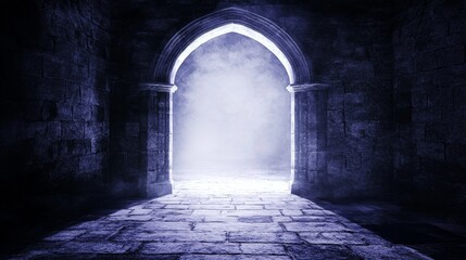 Obraz premium An illustration of a dark fantasy dungeon in ancient ruins, showcasing a mystical temple entrance and a mysterious castle portal, designed as a digital art concept for an adventure game wallpaper.