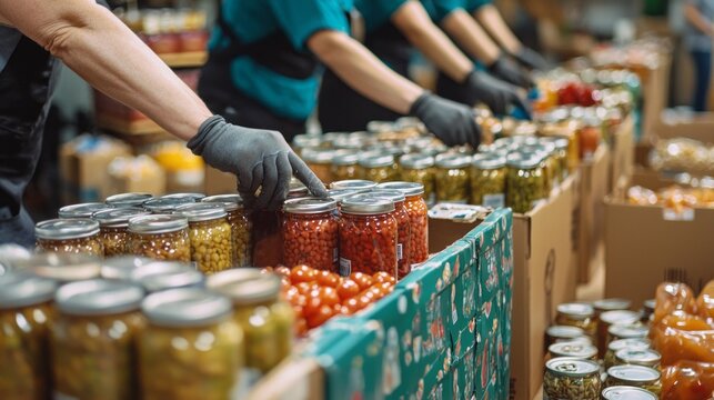A dedicated group of volunteers sorts and organizes an impressive collection of food donations in a bustling community warehouse, ensuring assistance reaches the less fortunate
