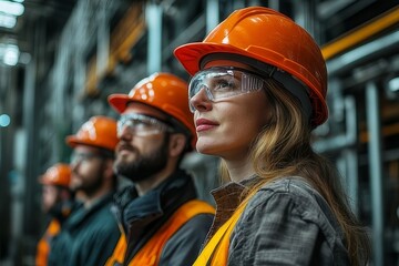 Professionals in safety gear observing operations in a warehouse setting during a daytime work shift
