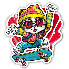 Cool cat on skateboard wearing sunglasses and a colorful outfit. Generative AI