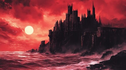 Dark castle on a mountain peak surrounded by red clouds and mist. Dramatic fantasy setting with eerie lighting and ominous atmosphere, creating a gothic horror theme. Generative AI